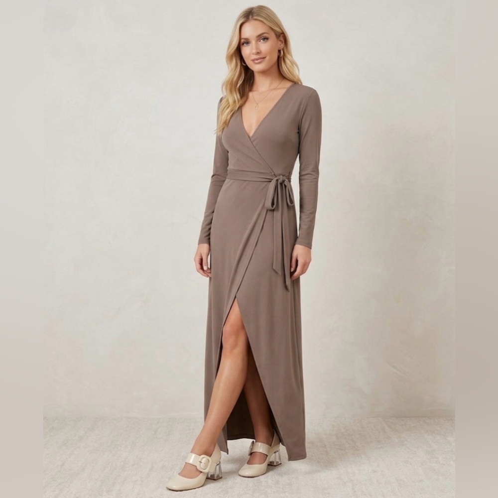 NWOT Forever 21 Taupe Wrap Maxi Dress - Long Sleeve V-Neck